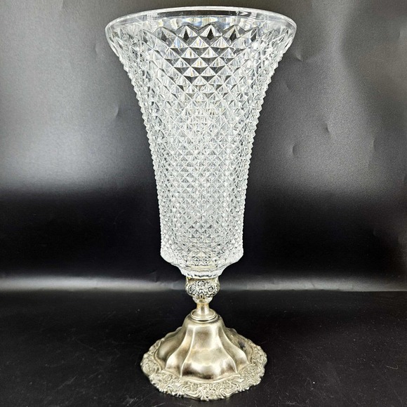 marked Other - Vintage silver plated floral base diamond cut glass heavy ornate vase, 12"